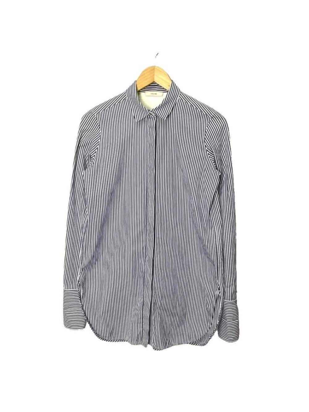 Celine Stripe Shirt Blouse Wing Button Side Slit Long Sleeves 38 Navy Blue